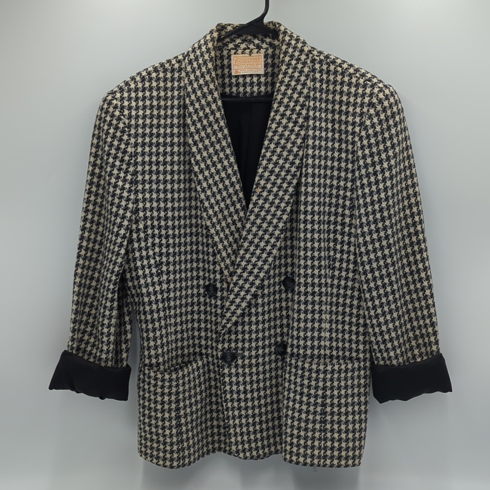 Vintage 70s Pendleton Women's Virgin Wool Blazer Large Houndstooth Black White